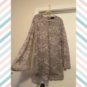 Grey lace bell sleeve shift dress